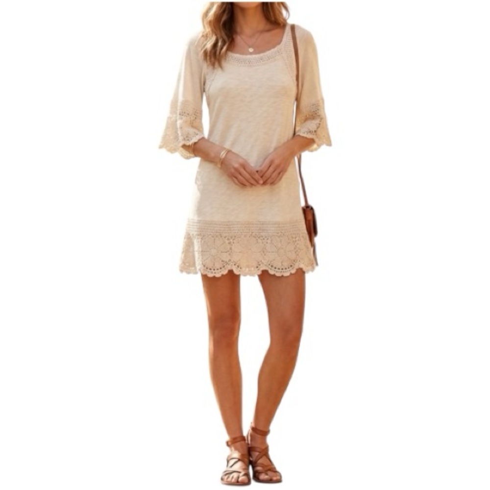 Judith March Boho Cream Crochet Lace Bell
Sleeve Mini Dress Tunic Women's Sz M